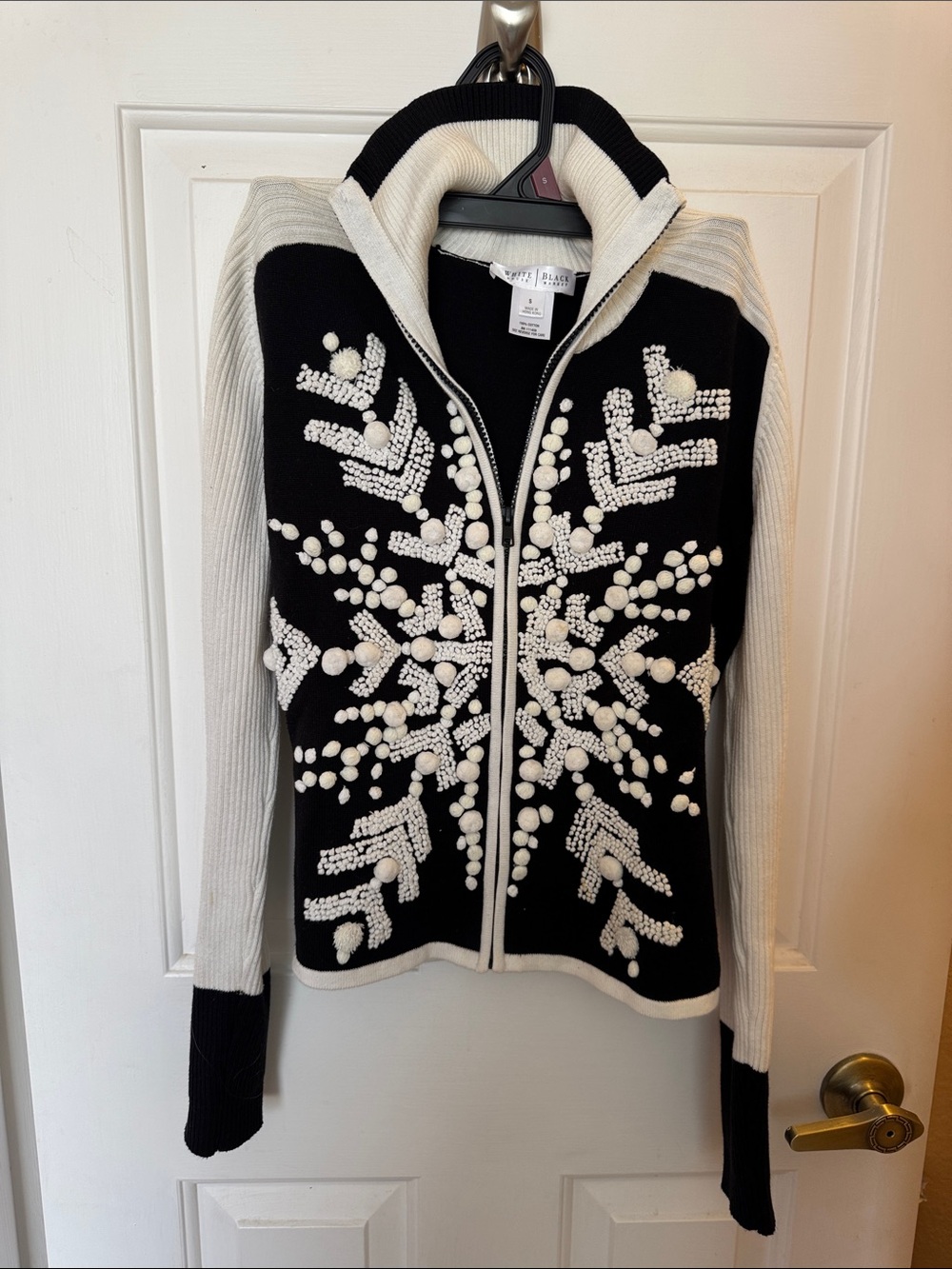 White House Black Market Black & White Beaded Zip-Front Knit Jacket